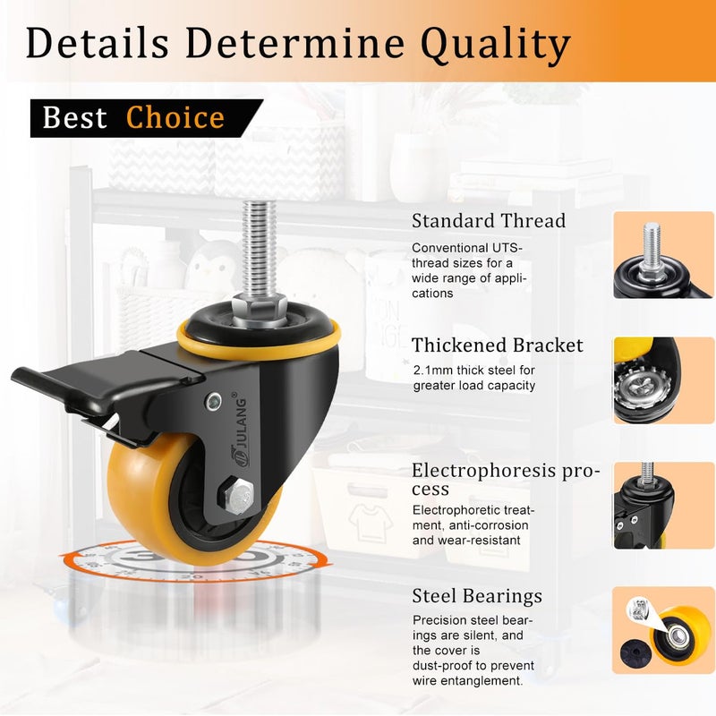 Julang 2 Iinch Caster Wheels 5/16 Threaded Stem Castors Sets 4, Swivel & Daul Locking Casters for Wire Shelving(Orange, 5/16"-18x1) - Image 5